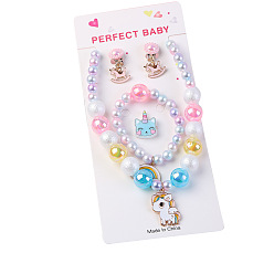 Разноцветный Симпатичные детские наборы украшений из пластикового сплава в виде единорога, ожерелье, браслет, кольцо-манжета и серьги-клипсы для девочек, красочный, 410~420 мм