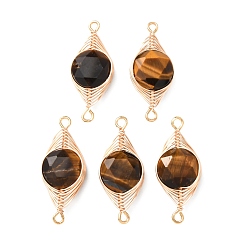 Тигровый глаз Натуральный тигровый глаз, ограненный шестиугольными гранями, плоские круглые звенья-подвески с медной проволочной обмоткой в виде елочки., золотые, долговечный, 26~27.5x11~11.5x5~5.5 мм, отверстие : 1.4~1.6 мм