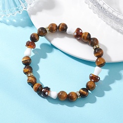 Тигровый глаз Эластичные браслеты для женщин из натурального тигрового глаза и бусин, изготовленных методом лэмпворк., круглый и грибной, с латунными бусины со стразами , внутренний диаметр: 1.97~2.01 дюйм (5~5.1 см)