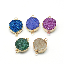 Mixed Color Natural Druzy Agate Links connectors, with Brass Findings, Dyed, Flat Round, Mixed Color, 29x20x9~13mm, Hole: 2mm