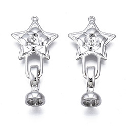 Platinum Brass Fold Over Clasps, Cadmium Free & Nickel Free & Lead Free, Star, Platinum, 34mm long, Clasp: 13x7mm, Inner Diameter: 1mm, Jump Ring: 5x1mm, Inner Diameter: 3mm, Star: 24.5x16x4mm, Hole: 1mm
