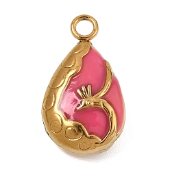 Hot Pink 304 Stainless Steel Enamel Pendants, Teardrop with Peacock Charms, Golden, Hot Pink, 25.5x14.5x9mm, Hole: 3mm