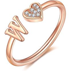 Letter W Регулируемые латунные кольца из манжеты из горного хрусталя, письмо и сердце, розовое золото , Буква W, внутренний диаметр: 15~20 мм