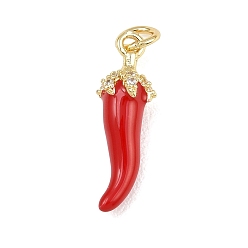 Красный Подвески из латуни с микропаве из прозрачных кубических цирконий и эмали, перец прелести, долговечный, стойки покрытие, реальный 18 k позолоченный, красные, 20.5x6 мм, отверстие : 3.5 мм