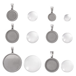 Rond Plat 6 pièces 6 styles 304 paramètres de cabochon pendentif en acier inoxydable, avec 6pcs 6 styles cabochons carrés en verre transparent, couleur inox, plat rond, 10~11x5~6mm