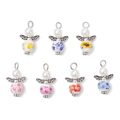 (52) Непрозрачная лаванда Подвески из фарфора и керамики с цветочным принтом ручной работы, с крылом феи из сплава в тибетском стиле, ангел, разноцветные, 23x14x8 мм, отверстие : 2.8 мм