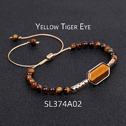 Tiger Eye Natural Tiger Eye Hexagon Link Bracelet, Braided Bead Adjustable Bracelet, 5-7/8~11 inch(15~28cm)