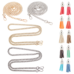Mixed Color Iron Bag Strap Chains, Curb Chains, with Swivel Lobster Claw Clasps, Faux Suede Tassel Pendant, Mixed Color, 119cm, 7.5mm, 4colors, 1strand/color, 4strands
