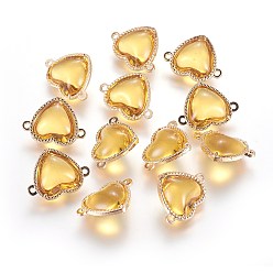 Золотистый Соединители стеклянные ссылки, с элементами из экологически чистого сплава, сердце, золотой свет, золотые, 14x18.5x7 мм, отверстие : 1.2 мм