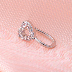 Сердце Латунные микро-паве прозрачные кубические цирконии клипсы на носовые кольца, платина, сердце, 12 мм, штифты : 0.6 мм