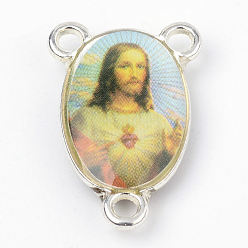 Светло-Голубой Сплав ссылки люстра компонент, 3 Разъемы петли, центральная часть четок, без кадмия и без свинца, на Пасху, овальные с Иисусом, платина, Небесно-голубой, 23x15x4 мм, отверстие : 2 мм