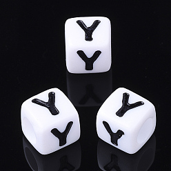 Letter Y Acrylic Horizontal Hole Letter Beads, Letter Y, Cube, White, about 7mm wide, 7mm long, 7mm high, hole: about 3.5mm, about 2000pcs/500g