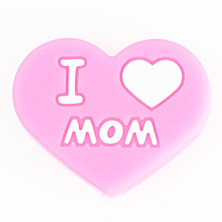Pink Mother's Day Silicone Focal Beads, Heart with Word I Love Mom, Pink, 24.4x19.5x9.9mm