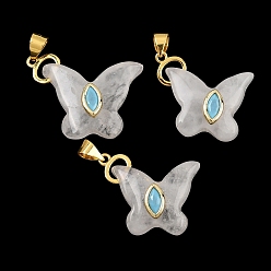 Quartz Crystal Natural Quartz Crystal Rock Crystal Pendants, Butterfly Charms with Brass Micro Pave Cubic Zirconia Findings, Golden, 17.5~19x23~25x6.5~7mm, Hole: 3.5x4mm