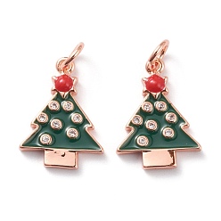 Or Rose Pendentifs en zircone cubique en laiton de style noël micro pavé clair, avec émail coloré et anneaux sautés, plaqué longue durée, arbre de Noël, or rose, 17x12x2mm, Trou: 3mm, anneau de saut: 5x1 mm