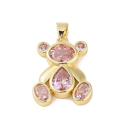 Pink Латунные подвески, со стеклом, реальный 18 k позолоченный, нести прелести, розовые, 21.5x18x3.5 мм, отверстие : 4x3.5 мм