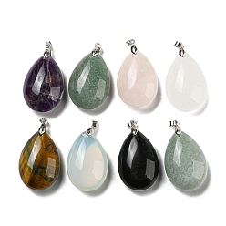 Mixed Stone Natural & Synthetic Mixed Gemstone Pendants, Teardrop Charms, with Rack Plating Platinum Plated Brass Pinch Bails, Lead Free & Cadmium Free, 41~42x23~24x13~14.5mm, Hole: 4x3.5mm