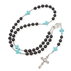 Azul Collar de cuentas de rosario de madera y turquesa sintética, Collar con colgante de cruz de aleación y Virgen María para religión, azul, 25.98 pulgada (66 cm)