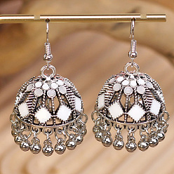 Белый Богемные эмалированные серьги-люстры из сплава, колокол, с застежкой для висячих сережек, платина, белые, 46x25 мм