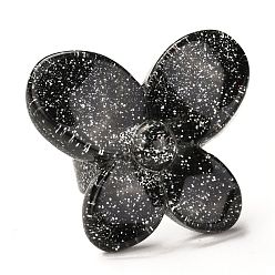Schwarz Acryl Fingerringe, Retro-Stil, mit Glitzerpulver, Schmetterling, Schwarz, 6.5~36 mm, Innendurchmesser: 18 mm, Schmetterling: 36 mm
