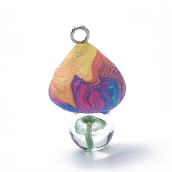 Colorful Handmade Polymer Clay Pendants, with Lampwork & Iron Findings, Mushroom, Colorful, 26~30x15~18mm, Hole: 2mm