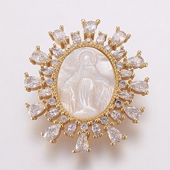 Real 18K Gold Plated Brass Micro Pave Cubic Zirconia Pendants, with Shell Carved Virgin, Long-Lasting Plated, Oval, Real 18K Gold Plated, 36x31x6.5mm, Hole: 3x5mm