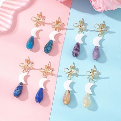 Смешанные камни Латунные качают серьги, с бусинами из натуральных драгоценных камней и пресноводных ракушек., бантик с луной и каплей, золотые, 42x15 мм