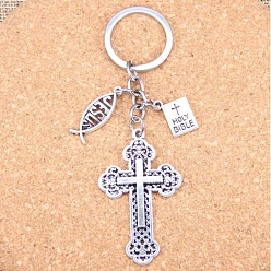 Antique Silver & Platinum Religion Theme Zinc Alloy Keychain, Cross with Fish and Book, Antique Silver & Platinum, 7.5cm