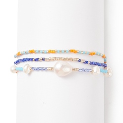 Mixed Color 3Pcs 3 Style Natural Pearl & Glass Seed Beaded Stretch Bracelets Set for Women, Mixed Color, Inner Diameter: 2-1/8 inch(5.3~5.45cm), 1Pc/style