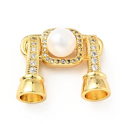 Golden Rack Plating Brass Micro Pave Clear Cubic Zirconia Fold Over Clasps, Cadmium Free & Lead Free, Long-Lasting Plated, with Acrylic Imitation Pearl, Golden, Links: 19.5x10x7mm, Clasp: 15x7mm, Inner Diameter: 4.5mm