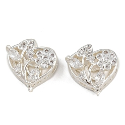 Прозрачный Многожильные звенья из латуни с паве из кубического циркония, долговечный, цветочное сердце, серебряный цвет гальваническим, прозрачные, 11x11.5x6 мм, отверстие : 2 мм