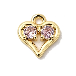 Pink Латунные микро проложить кубического циркония подвески, сердце прелести, стойки покрытие, долговечный, без кадмия и без свинца, реальный 18 k позолоченный, розовые, 10.5x10x2.5 мм, отверстие : 1.5 мм