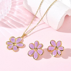 Plum 304 Stainless Steel Enamel Flower Stud Earrings & Pendant Necklaces Sets for Women, Golden, Plum, 23x23mm