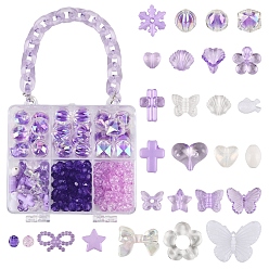 Фиолетовый Наборы для изготовления браслетов своими руками, в том числе 157шт акриловые бусины, 12g акриловые волокна и 1рулонная хрустальная нить, фиолетовые, 8~15.5x8~16x8~16 мм