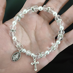 Прозрачный Стеклянные бусины растянуть браслеты, браслеты с подвесками крест и овал с королем для женщин и мужчин, с имитацией жемчуга, граненые, прозрачные