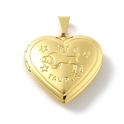Телец Подвески латуни медальон, без свинца и без кадмия, долговечный, стойки покрытие, реальный 18 k позолоченный, сердце с двенадцатью созвездиями, Телец, 29x28.5x7 мм, отверстие : 7.5x3.5 мм, внутренний диаметр: 20x21 мм