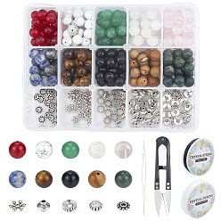 Mixed Stone DIY Stretch Bracelets Making Kits, Including Natural Gemstone Round Beads, Alloy Spacer Beads, Iron Beading Needles, Elastic Crystal Thread and Steel Scissors, Gemstone Beads: 8mm, Hole: 1mm, 250pcs/set
