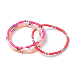 Red 4Pcs 4 Color Handmade Polymer Clay Heishi Beads Stretch Anklets Set for Women, Red, Inner Diameter: 2-7/8 inch(7.3cm)