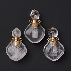 Quartz Crystal Natural Quartz Crystal Perfume Bottle Pendants, with Golden Brass Findings, Rhombus, 35mm, Hole: 1.6mm