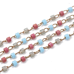 Colorful TOHO Japan Import Seed Beads, Handmade Glass Beaded Chains, Soldered, with Spool, Brass Findings, Column, Unplated, Colorful, 2mm, about 26.24 Feet(8m)/roll