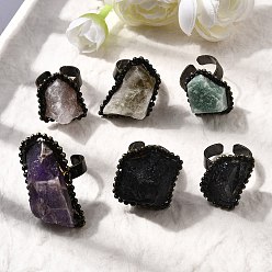 Смешанные камни Открытые кольца-манжеты с натуральными драгоценными камнями неправильной формы, латунное кольцо для женщин, античная бронза, лоток : 23~40x20~25 мм