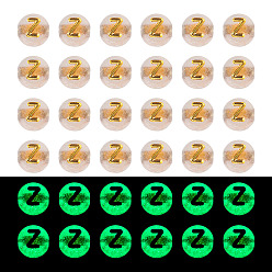 Letter Z 50G Luminous Transparent Acrylic Beads, Flat Round with Letter, Glow in the Dark, Golden Metal Enlaced, Letter Z, 7x4mm, Hole: 1.8mm, about 370pcs/50g