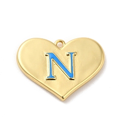 Real 18K Gold Plated Rack Plating Brass Enamel Pendant, Lead Free & Cadmium Free, Long-Lasting Plated, Heart with Letter N Charm, Real 18K Gold Plated, 15x20x2.5mm, Hole: 1.2mm