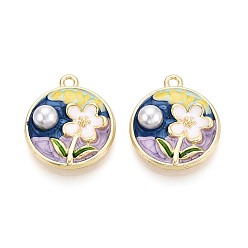 Light Gold Стойки обшивки сплава эмали подвески, плоские круглые и цветок, с ABS имитации жемчуга, золотой свет, 24x21x6.5 мм, отверстие : 1.8 мм