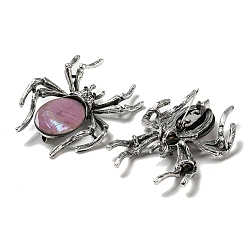 Old Rose Dual-use Items Alloy Pave Dyed Shell Spider Brooch, with Jet Rhinestone, Antique Silver, Old Rose, 57.5~58x41.5~42x12.5mm, Hole: 4x3mm