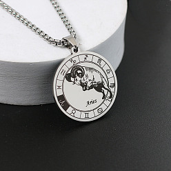 Овен 201 ожерелья из нержавеющей стали с цепочкой из сплава, цвет нержавеющей стали, плоский круглый узор созвездия, Овен, 23.62 дюйм (60 см)