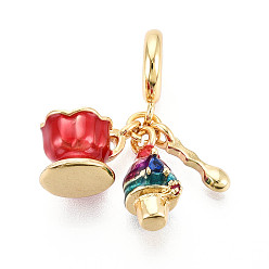 Настоящее золото 18K Латунное микропейв с кубическим цирконием европейские подвески с подвесками, с эмалью, Подвески с большими отверстиями, без кадмия и без свинца, чашка чая, мороженое и ложка, реальный 18 k позолоченный, 30 мм, отверстие : 4.5 мм