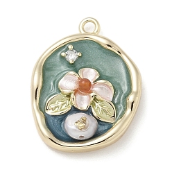 Бирюза Латунные микропаве прозрачные подвески с фианитом, без кадмия, без никеля и без свинца, с эмалью, овал с цветочными подвесками, с ABS имитации жемчуга, бирюзовые, 23x17.5x4.5 мм, отверстие : 1.6 мм