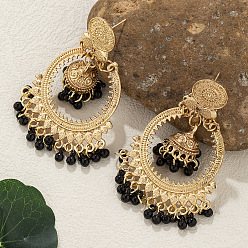 Черный Колокольчик из сплава смолы в богемном стиле с плоскими круглыми серьгами-люстрами, золотые, чёрные, 75x45 мм