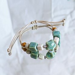 Морская звезда Керамические бусины плетеные браслеты из бисера, регулируемые плетеные браслеты из вощеного шнура для женщин, морская звезда, 4~10-1/4 дюйм (10~26 см)